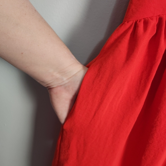 NSR Retro Red Crepe Halter Neck Fit & Flare Midi Dress With Pockets Size XL #486 - Picture 4 of 11